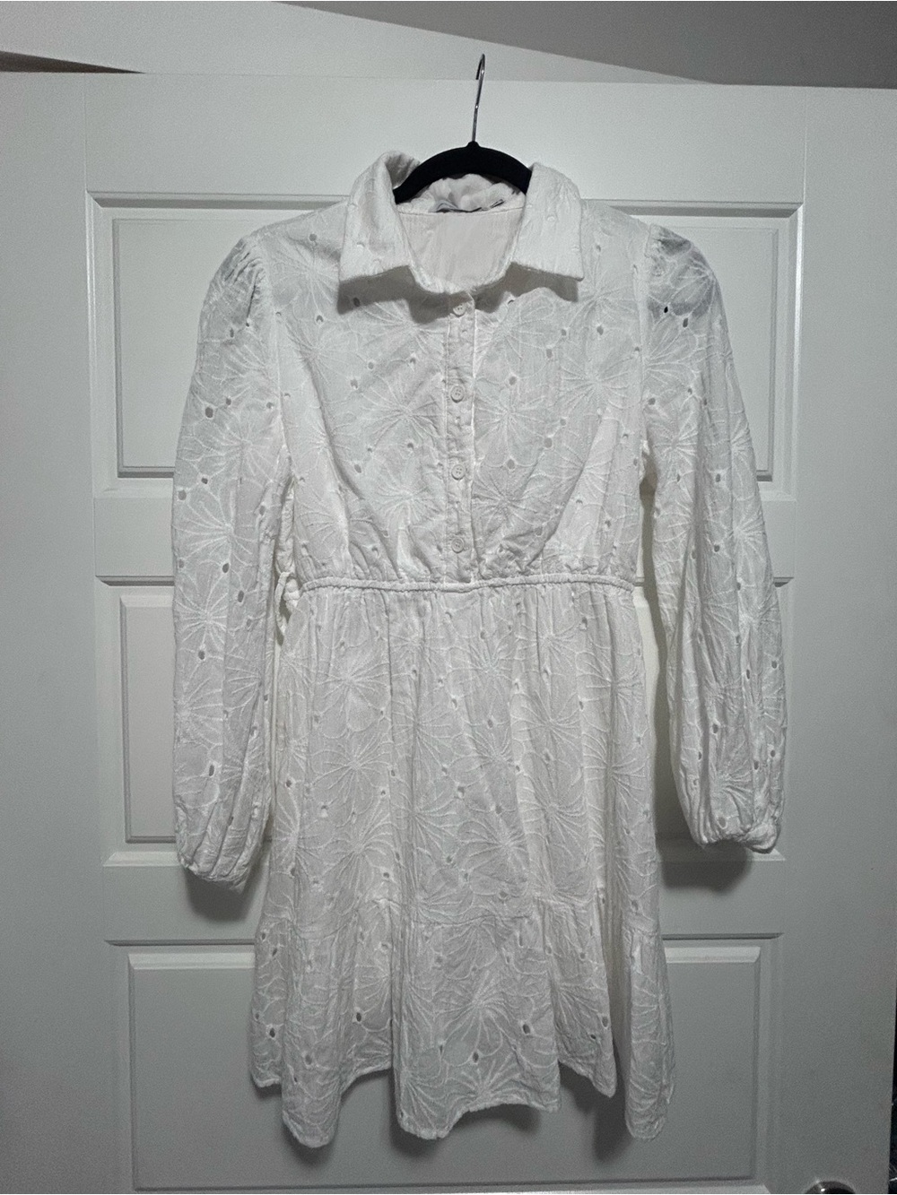 Petal & Pup White Eyelet Long Sleeve Collared Mini Dress